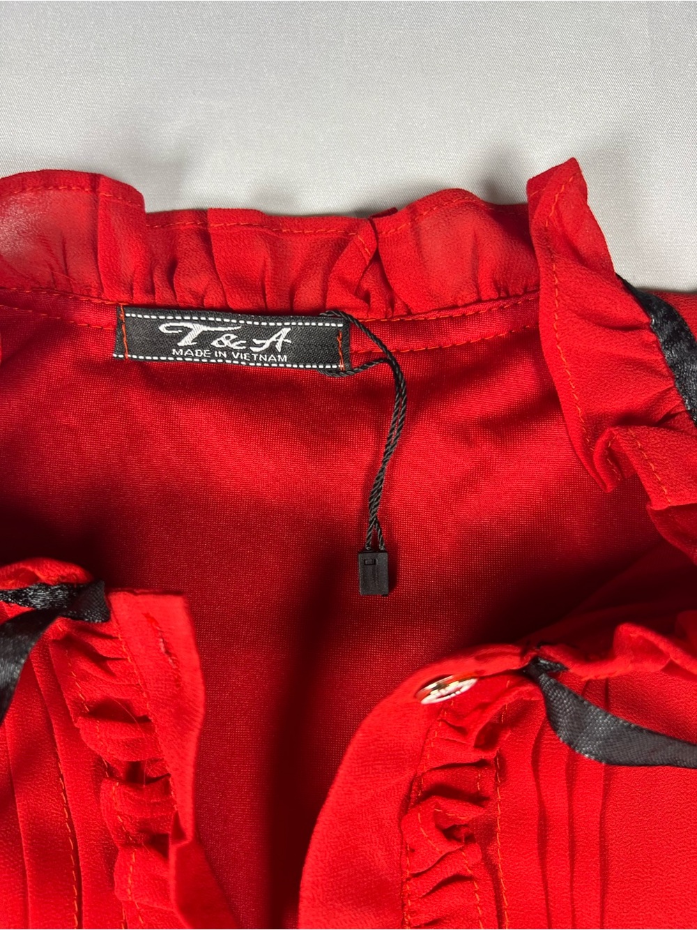 Z& A Red Ruffle Blouse with Black Ribbon Detail - Picture 2 of 3